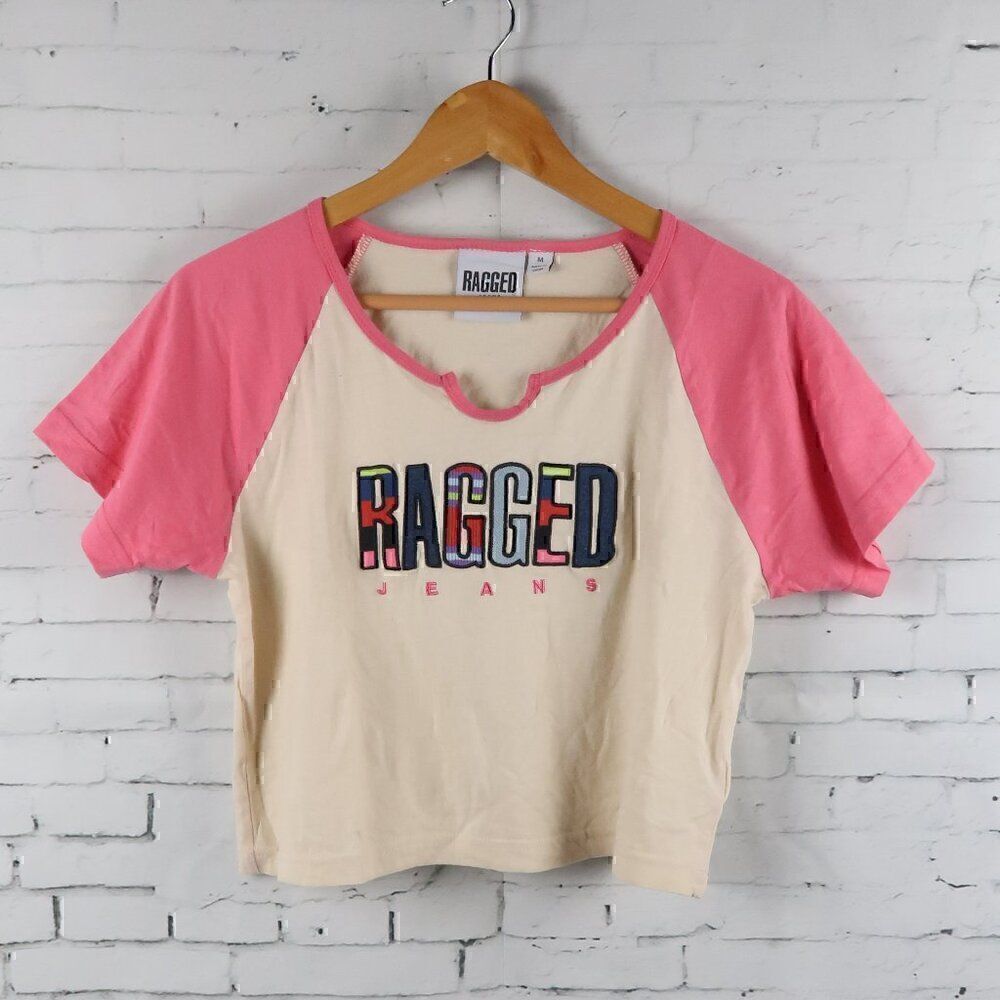 RAGGED JEANS PINK & IVORY CROPPED SHORT SLEEVE BASEBALL LOGO SHIRT SIZE MED